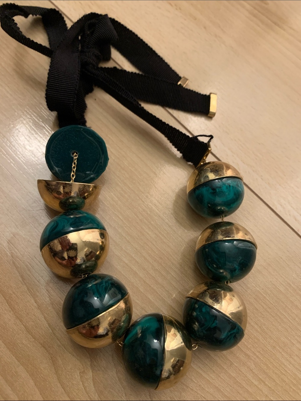 Chunky Gold–Teal Bead Necklace with Ribbon Strap